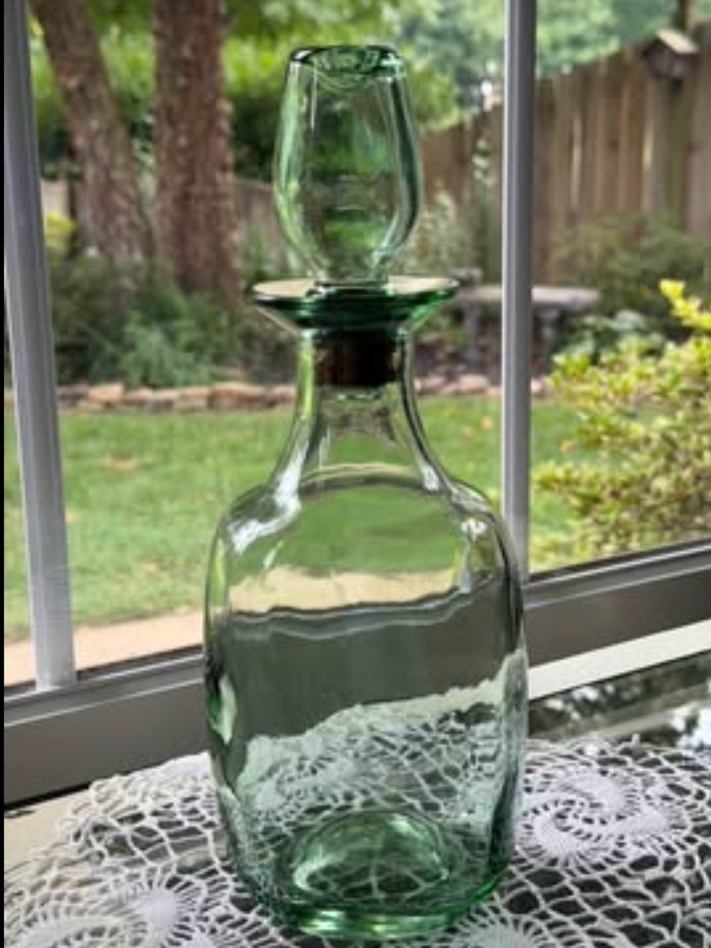 Vintage Green Bourbon Decanter, Faded Etched Duck/Hunting Dog. Original Stopper.